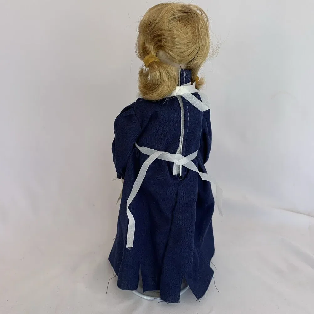 Blonde Hair Blue Eyes Worker Maid Porcelain Doll Foam Body Blue Dress‎ Apron
